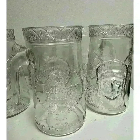 1985 Anchor Hocking Statue of Liberty Centennial Clear Glass Mug Stein Set of 5 - Picture 4 of 9
